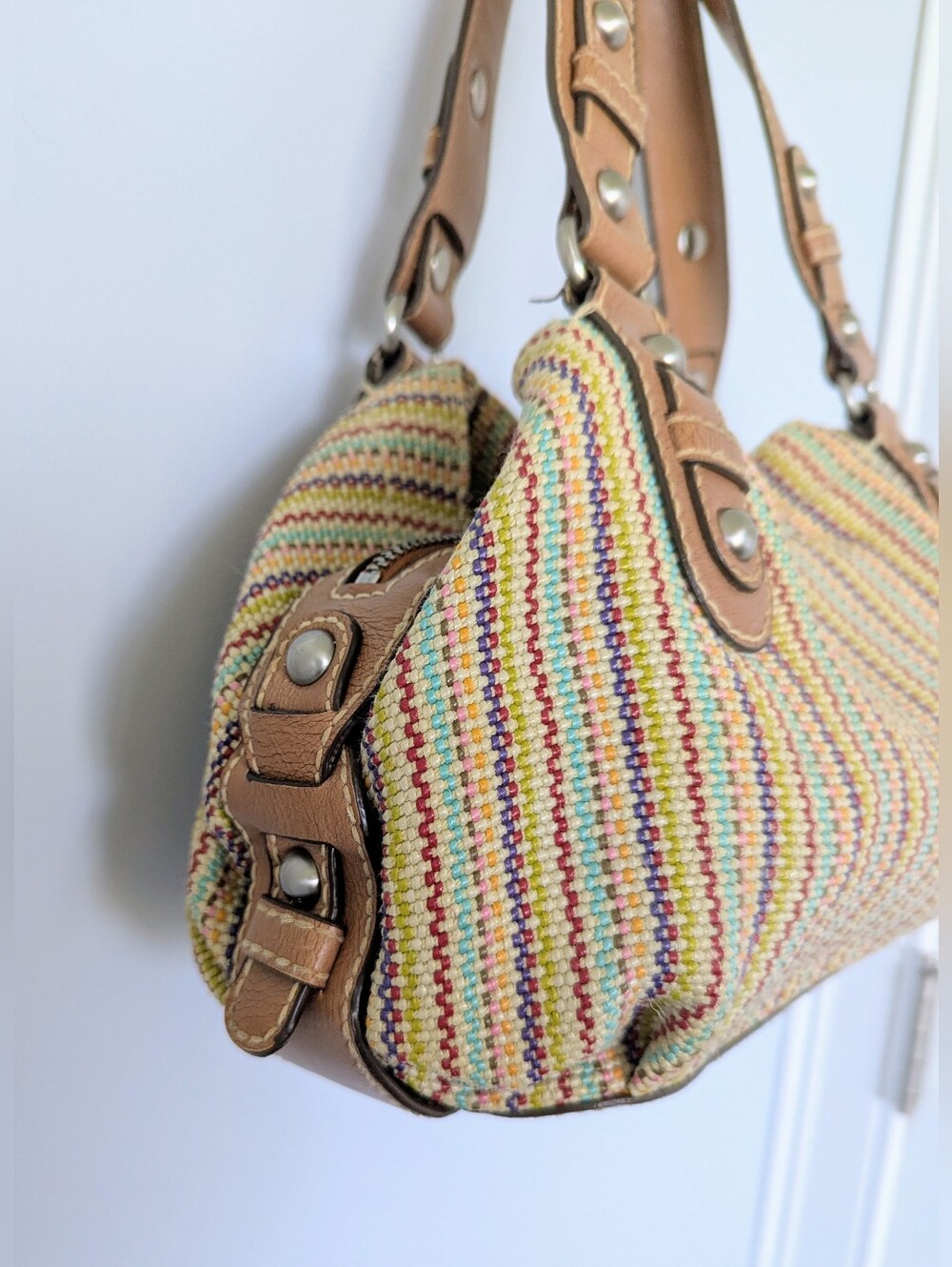 Woven Multi-Color Stripe Shoulder Bag with Tan Trim - Picture 2 of 8